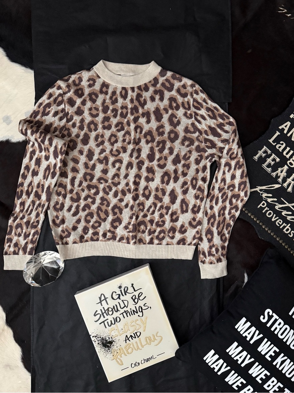 a new day Leopard Print Crewneck Sweater in Brown and Cream